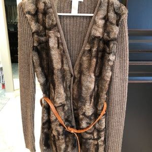 Faux fur sweater. Mix of brown, gray, black, tan.